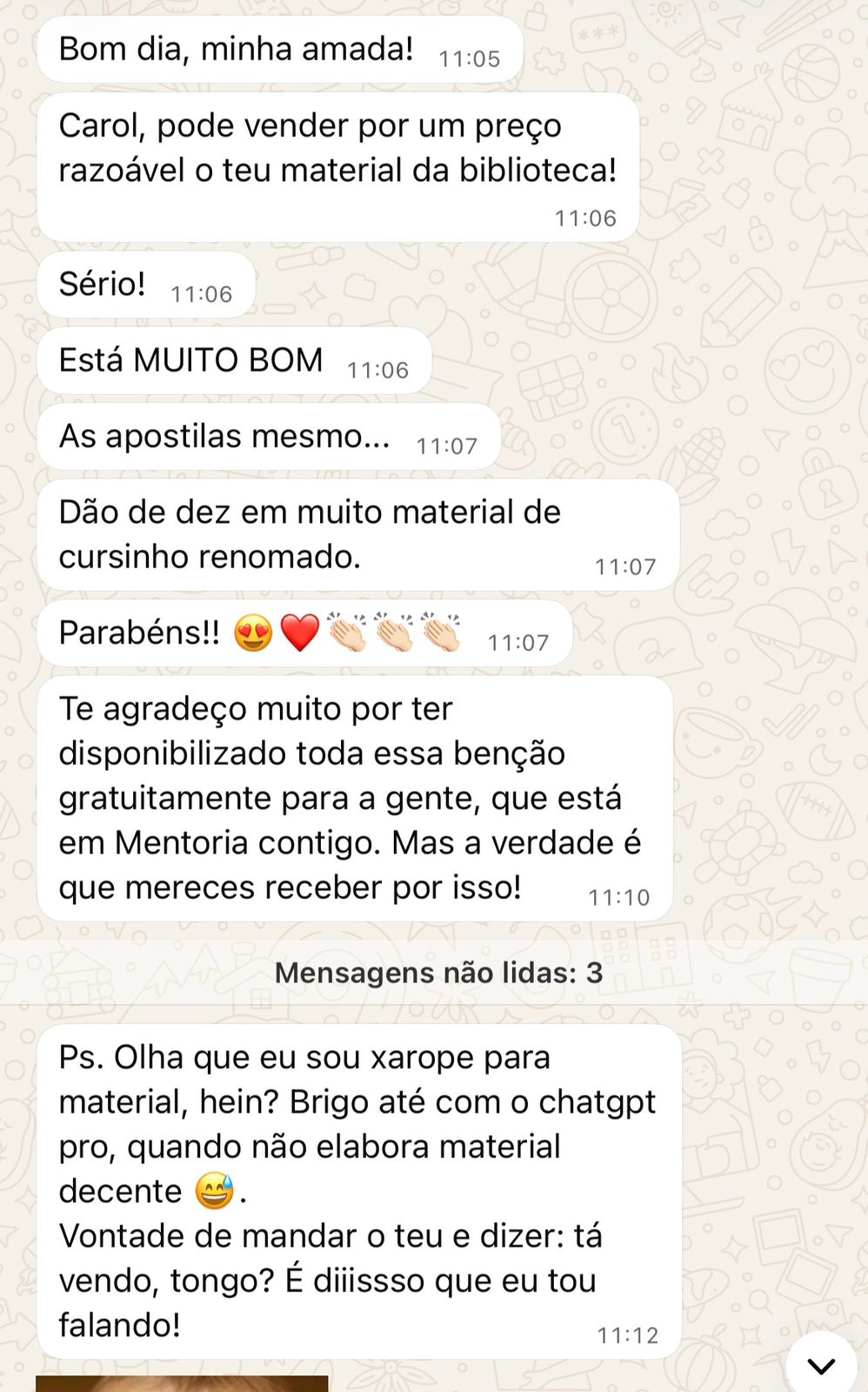 Depoimento de aluna no WhatsApp sobre a Biblioteca Carolina Gaubert